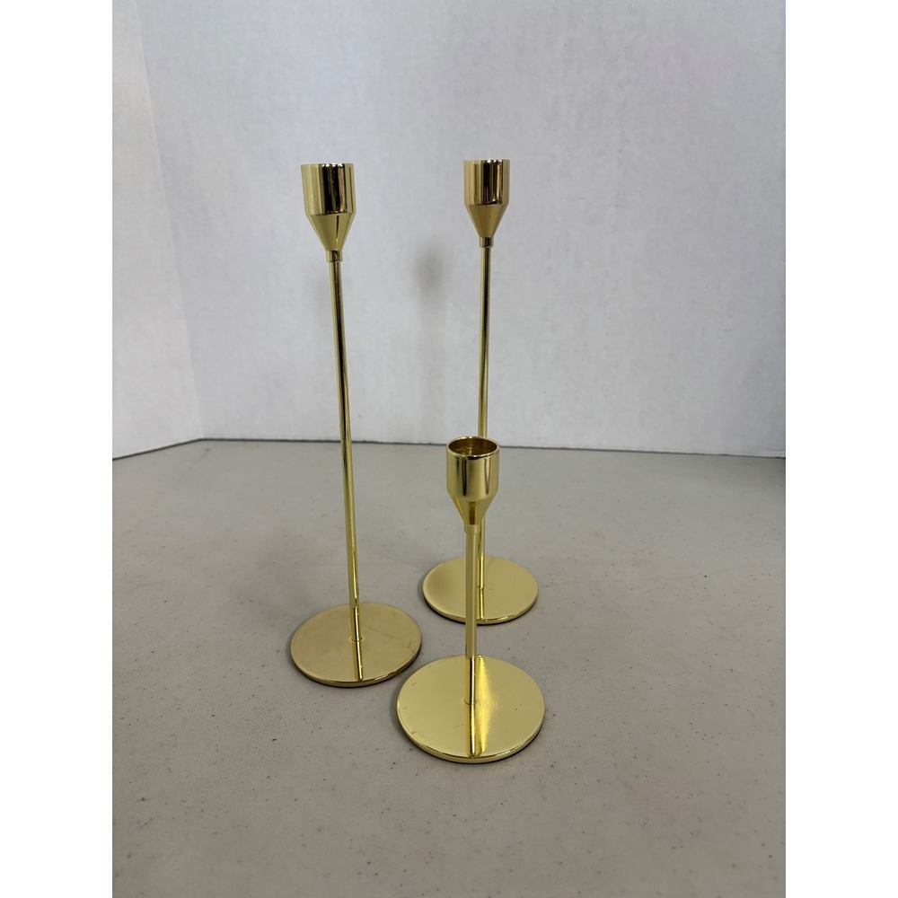 Gold Taper Candle Holder Set of 3 Minimalist Polished Metal Candlesticks Tiered - Picture 2 of 3